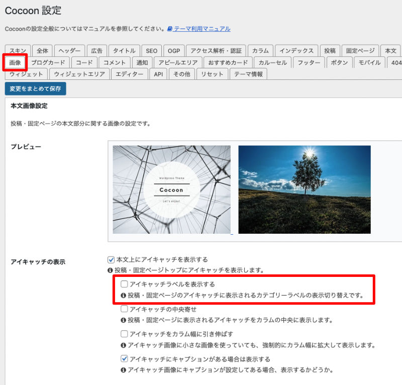 WordPress Cocoon アイキャッチ画像 非表示