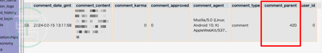 phpMyAdmin wp_comments comment_parent