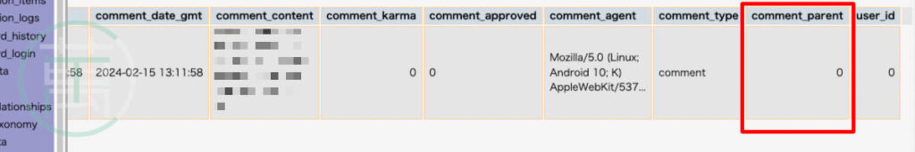 phpMyAdmin wp_comments comment_parent = 0